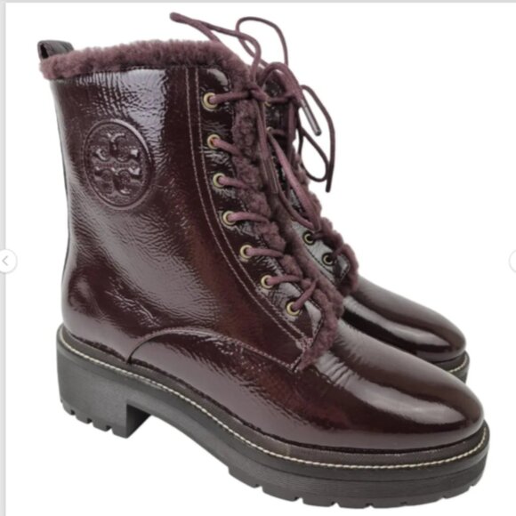 Tory Burch Women's Miller Plum Shearling Patent Combat Boots Size 9 NEW $498 - Picture 1 of 9